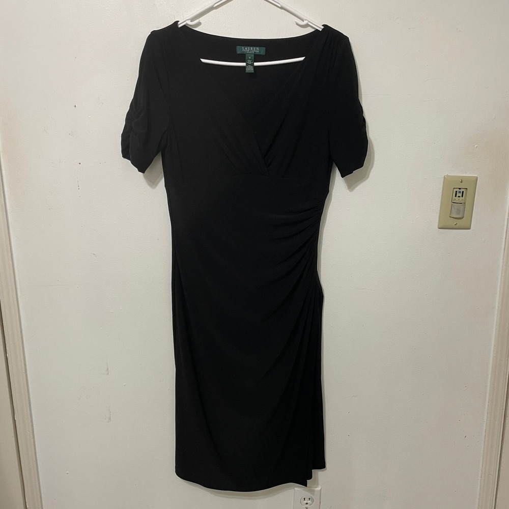 Lauren Ralph Lauren Black Ruched Surplice V-Neck Sheath Dress Womens 10 Cocktail